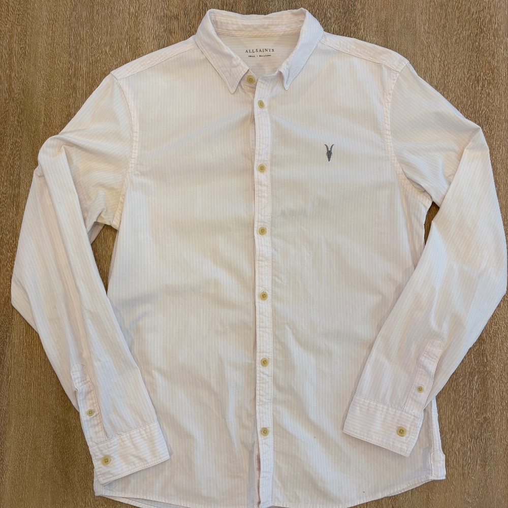 AllSaints White Pinstripe Button Down Shirt Small Ramskull Logo